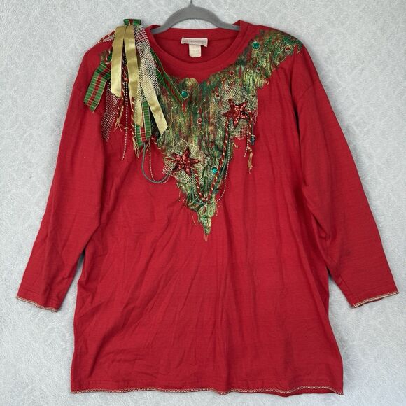 Vtg Puffy Paint Christmas Tree Shirt O/S L? 3D Bow Bead Sequin Funky Artsy 80s - Picture 1 of 14